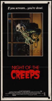 4b0410 NIGHT OF THE CREEPS Aust daybill 1986 cool monster hand artwork, if you scream you're dead!