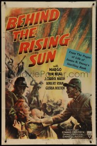 4b0833 BEHIND THE RISING SUN 1sh 1943 Tom Neal, Dmytryk, WWII propaganda, woman grabbed by soldiers!