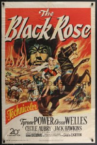 4b0839 BLACK ROSE 1sh 1950 great fiery action artwork of Tyrone Power & Orson Welles!