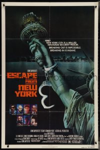 4b0910 ESCAPE FROM NEW YORK advance 1sh 1981 Carpenter, art of handcuffed Lady Liberty by Stan Watts!