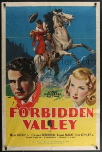 4b0932 FORBIDDEN VALLEY 1sh 1938 cool art of man saving woman on horseback + headshots of stars!