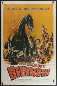 4b0945 GIANT BEHEMOTH 1sh 1959 cool art of massive brontosaurus dinosaur monster smashing city!