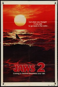 4b0991 JAWS 2 teaser 1sh 1978 shark's fin cutting through ocean at sunset, plus most iconic tagline!