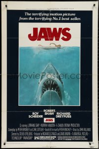 4b0988 JAWS 1sh 1975 art of Spielberg's classic man-eating shark attacking naked swimmer!