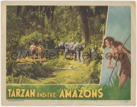 4b0665 TARZAN & THE AMAZONS LC 1945 Johnny Weissmuller & Johnny Sheffield on raft by elephants!