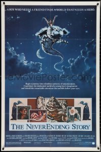 4b1063 NEVERENDING STORY 1sh 1984 Wolfgang Petersen, fantasy art of Falcor & cast by Ezra Tucker!