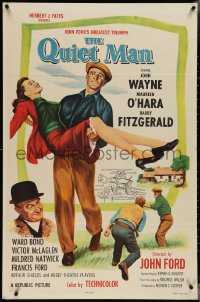 4b1098 QUIET MAN 1sh R1957 great image of John Wayne carrying Maureen O'Hara, John Ford classic!