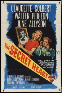 4b1120 SECRET HEART 1sh 1947 art of Claudette Colbert & June Allyson w/portrait of Walter Pidgeon!