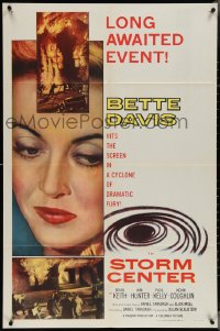 4b1158 STORM CENTER 1sh 1956 close-up artwork of Bette Davis, scenes of firemen vs. inferno!