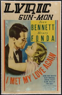 4b0085 I MET MY LOVE AGAIN linen WC 1938 romantic close up art of Joan Bennett & Henry Fonda, rare!