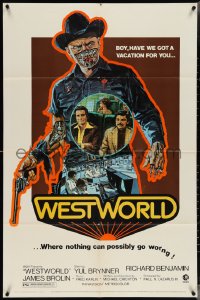 4b1217 WESTWORLD 1sh 1973 Crichton, Adams, nothing can possibly go worng, no shadow tagline design!