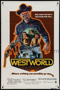 4b1218 WESTWORLD 1sh 1973 Crichton, Neal Adams art of Yul Brynner, tagline with orange shadow!