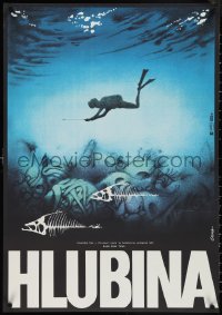 4c0379 DEEP Czech 23x33 1978 cool completely different art of scuba diver and fish bones underwater!