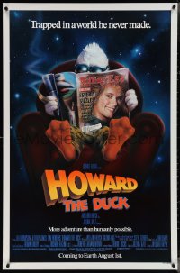 4c0892 HOWARD THE DUCK advance 1sh 1986 George Lucas, art of him reading magazine w/Lea Thompson!