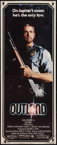 4c0110 OUTLAND insert 1981 Sean Connery posing with shotgun is the only law on Jupiter's moon!