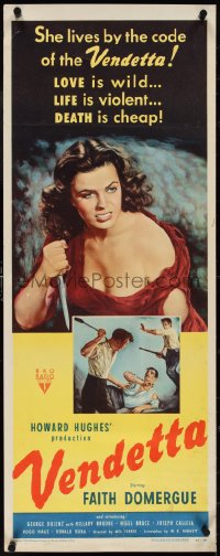 4c0121 VENDETTA insert 1950 Howard Hughes, Zamparelli art of sexy bad girl Faith Domergue w/ knife!