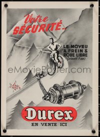 4c0123 DUREX EN VENTE ICI 11x15 French advertising poster 1930s cyclist going down mountain trail!