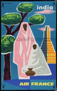 4c0483 AIR FRANCE INDIA 24x39 French travel poster 1963 Guy Georget art of two figures and more!