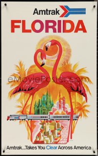 4c0487 AMTRAK FLORIDA 25x40 travel poster 1973 David Klein art of flamingos above train, ultra rare!