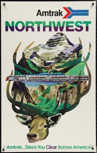 4c0488 AMTRAK NORTHWEST 25x40 travel poster 1973 Klein art of mountains, train elk antlers, rare!