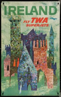 4c0501 TWA IRELAND 25x40 travel poster 1960s Irish travel, David Klein artwork, Superjets!