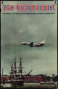 4c0503 USA BICENTENNIAL 25x38 travel poster 1976 Smith art of DC-10 over Boston Harbor sailing ship!