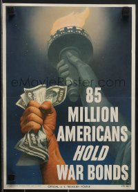 4c0196 85 MILLION AMERICANS HOLD WAR BONDS 10x14 WWII war poster 1945 raised fist w/money & Liberty!