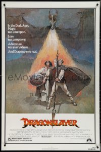 4f0765 DRAGONSLAYER 1sh 1981 cool Jeff Jones fantasy artwork of Peter MacNicol w/spear & dragon!