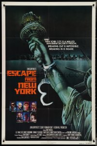 4f0774 ESCAPE FROM NEW YORK advance 1sh 1981 Carpenter, art of handcuffed Lady Liberty by Stan Watts!