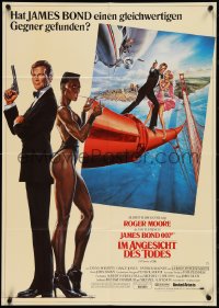 4f0357 VIEW TO A KILL German 1985 art of Roger Moore as Bond & smoking Grace Jones by Goozee!