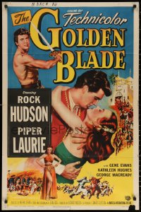 4f0797 GOLDEN BLADE 1sh 1953 close-up art of Rock Hudson & sexy Piper Laurie!