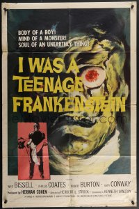 4f0829 I WAS A TEENAGE FRANKENSTEIN 1sh 1957 great art of the monster + holding sexy girl!