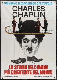 4f0430 FUNNIEST MAN IN THE WORLD Italian 1p 1977 cool art of Charlie Chaplin w/4 tiny images on cane!