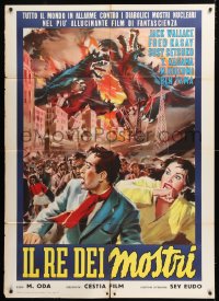 4f0214 GIGANTIS THE FIRE MONSTER Italian 1p 1958 different Cesselon art of Godzilla & Angurus, rare!