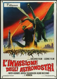 4f0219 INVASION OF ASTRO-MONSTER Italian 1p 1970 Toho, different art of monsters from space fighting!