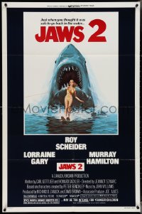 4f0836 JAWS 2 1sh 1978 great classic art of giant shark attacking girl on water skis by Lou Feck!