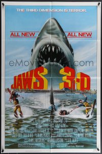 4f0838 JAWS 3-D 1sh 1983 Dennis Quaid, great Gary Meyer shark art, the third dimension is terror!