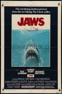 4f0834 JAWS 1sh 1975 art of Spielberg's classic man-eating shark attacking naked swimmer!