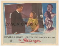 4f0574 STRANGER LC 1946 close up of ex-Nazi Orson Welles grabbing scared Loretta Young!