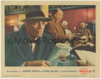 4f0594 WRONG MAN LC #6 1957 Alfred Hitchcock cameo reading newspaper behind smoking Henry Fonda!