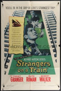 4f0982 STRANGERS ON A TRAIN 1sh 1951 Farley Granger & Robert Walker in murder pact, Hitchcock!