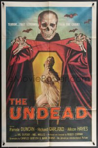 4f1015 UNDEAD 1sh 1957 Albert Kallis art of huge skeleton & sexy Pamela Duncan, Roger Corman!