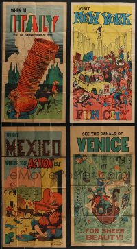 4h0897 LOT OF 4 FOLDED 1967 TOPPS FUNNY TRAVEL POSTERS 1967 Italy, New York, Mexico, wacky art!