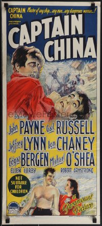 4j0418 CAPTAIN CHINA Aust daybill 1950 John Payne, Gail Russell, Richardson Studio art, ultra rare!