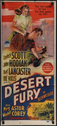 4j0421 DESERT FURY Aust daybill 1947 Richardson Studio art of Burt Lancaster about to punch Hodiak!