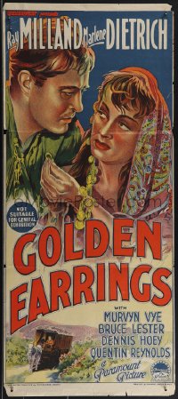 4j0424 GOLDEN EARRINGS Aust daybill 1947 Richardson Studio art of gypsy Marlene Dietrich & Milland!