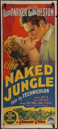 4j0434 NAKED JUNGLE Aust daybill 1954 Richardson Studio art of Charlton Heston & Eleanor Parker!