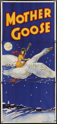 4j0324 MOTHER GOOSE stage play English 3sh 1930s stone litho art of mom holding broom & riding goose!