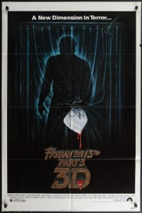 4j0943 FRIDAY THE 13th PART 3 - 3D 1sh 1982 slasher sequel, art of Jason stabbing through shower!