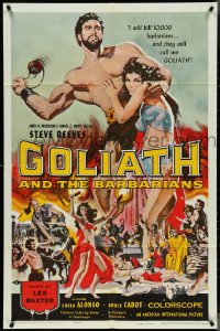 4j0965 GOLIATH & THE BARBARIANS 1sh 1959 art of Reeves protecting Chelo Alonso by Reynold Brown!